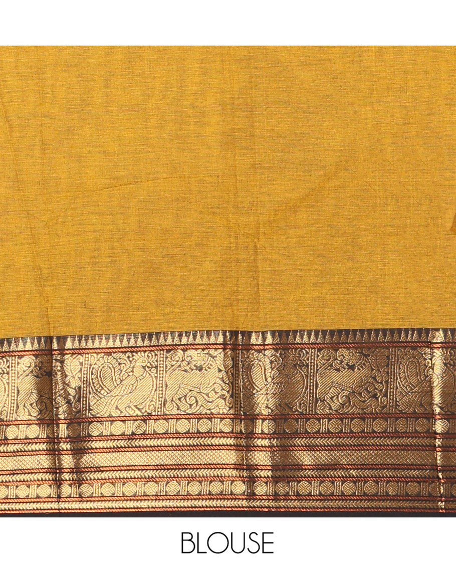 Mustard Plain Chettinad Cotton Saree, a Contrast Traditional Yaali-Elephant Zari Border, Striped Pallu, and a Matching Blouse
