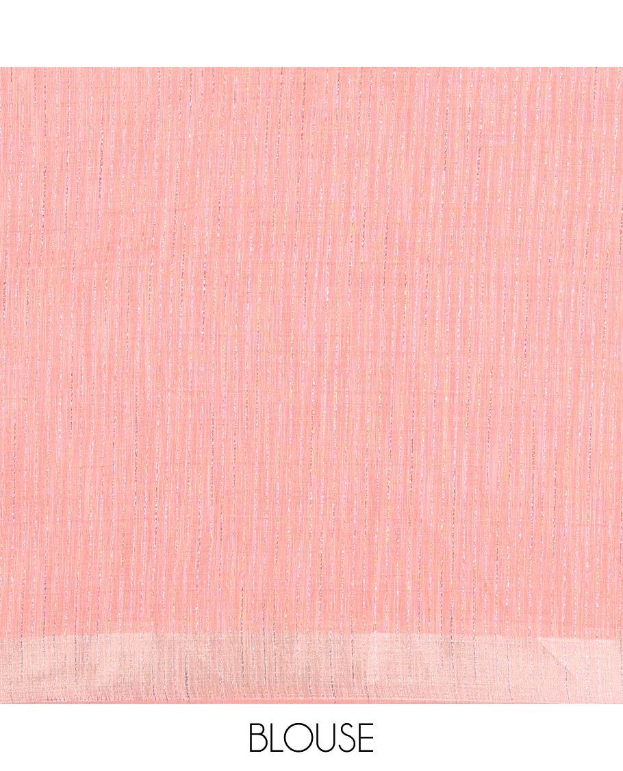 Peach Linen Zari Cotton Saree, Gleamed Up with Zari Stripes All Over Its Body, a Subtle Zari Border, a Self-Pallu, and Comes Without a Blouse