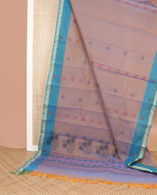 Brown motifs kanchi cotton saree with contrast zari design border & floral design pallu