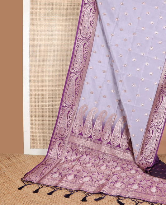 Lavender paisley design butter silk saree with contrast paisley zari design border & floral design pallu