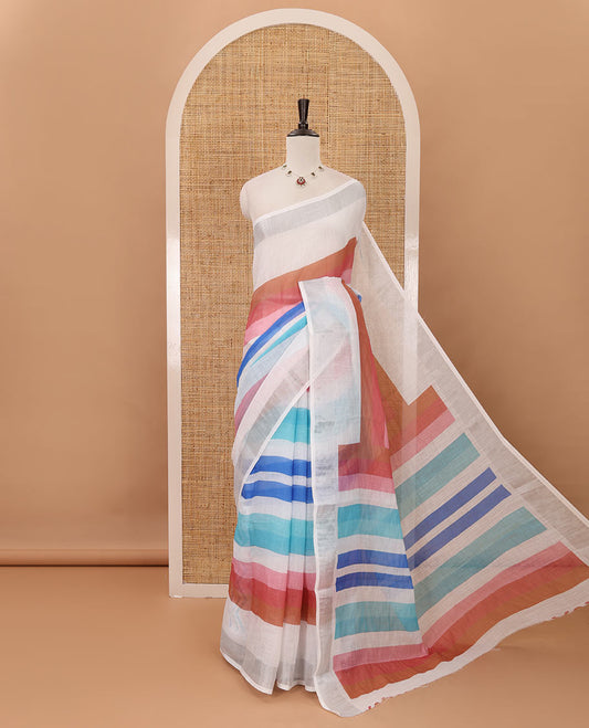 Multi-hue striped linen saree, zari border, multi-hue striped fancy pallu & colorful chevron striped blouse