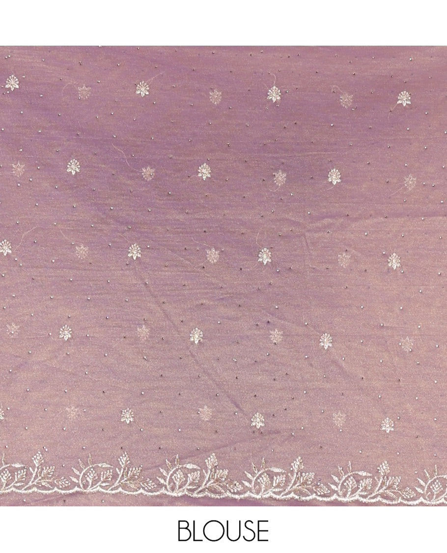 Lavender Twill Net Saree, Gleamed Up with Stone Work, Highlighted by a Scallop Embroidered Border, and Paired with a Matching Blouse