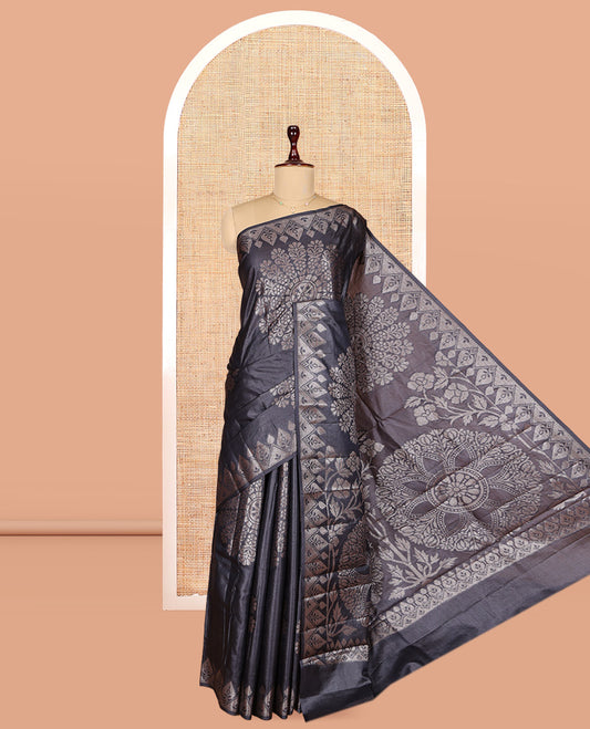 Elephant Grey Tusser Silk Saree, Detailed with Rangoli-Style Designs, a Zari Border, Grand Pallu, and a Matching Blouse
