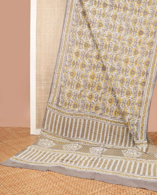 Mustard floral block design mul mul cotton saree with contrast intricate design & floral motifs pallu