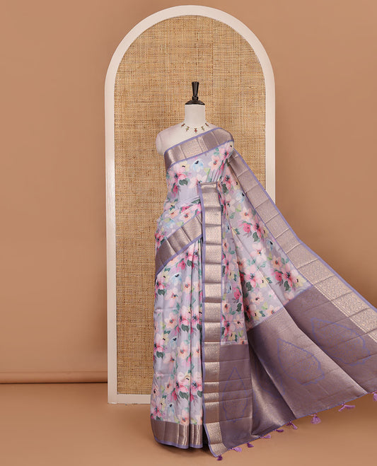 Lavender colorful unique shaped floral printed fancy tussar saree, contrast ogee patterned zari border, and intricate pallu