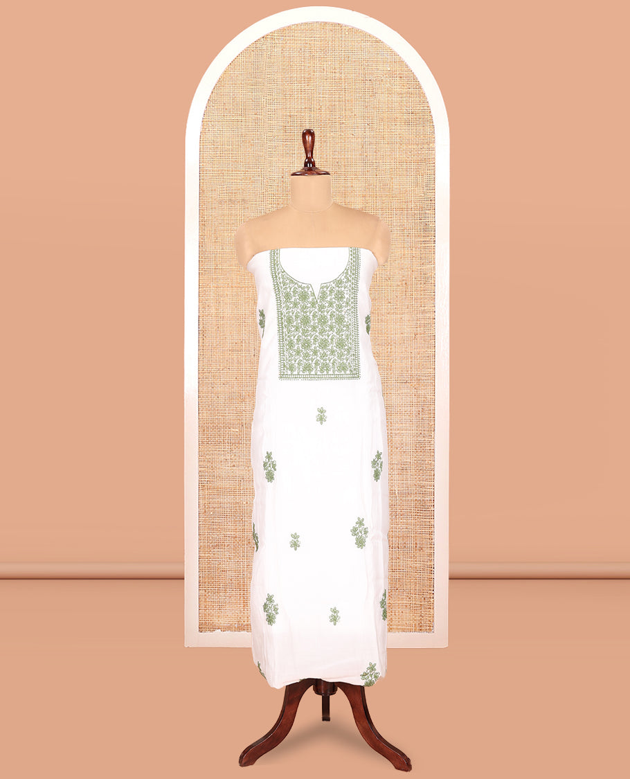 White-Leaf Green Mul Chanderi Material Churidar Features a Floral-Themed Thread-Embroidered Top, a Plain Santoon Bottom, and Thread Embroidered Dupatta