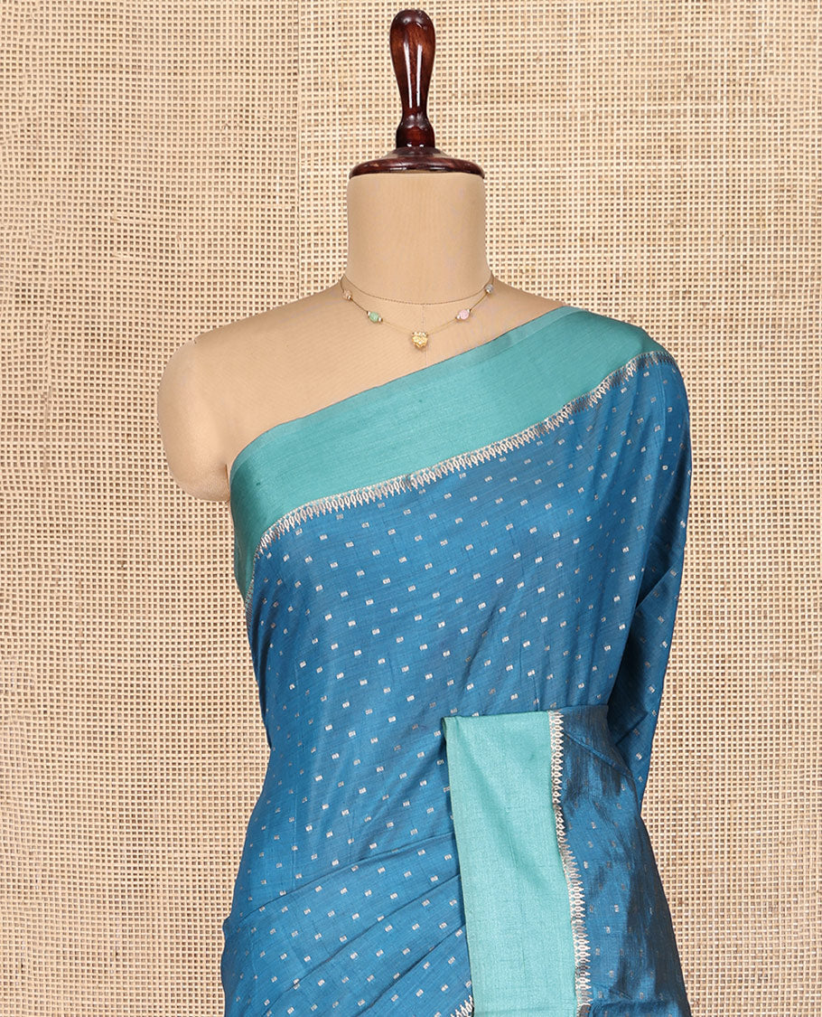 Blue Semi-Banaras Dupion Saree, Steeped with Buttas, Complemented by Contrast Border, Grand Jaal Pallu, and a Contrast Blouse