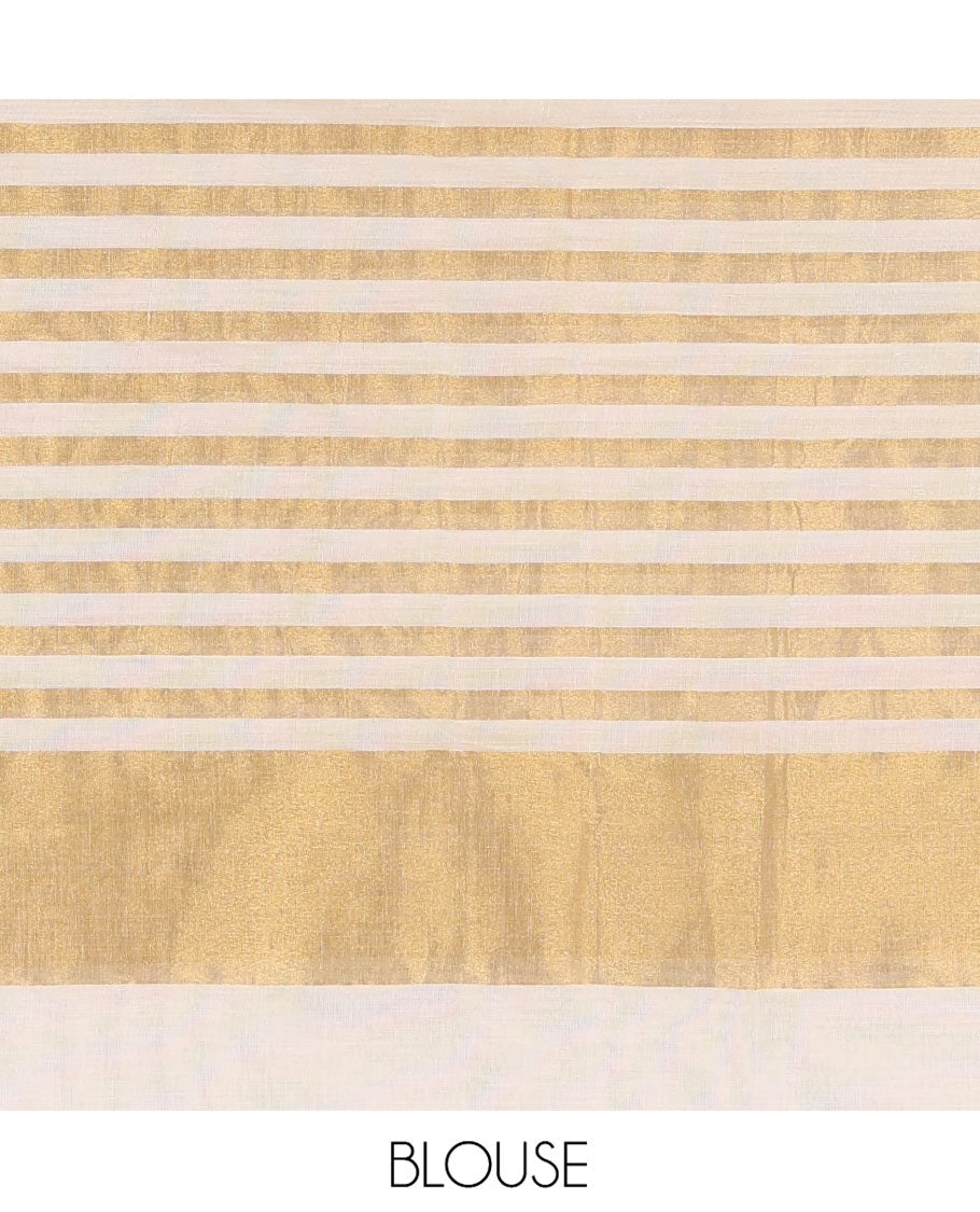 Cream Kerala Cotton Saree, Gleamed Up with Horizontal Zari Stripes and Pichwai Lotus Print All Over Its Body, Subtle Zari Border, Pallu Mirrors Pichwai Lotus Print, and Paired with a Matching Blouse