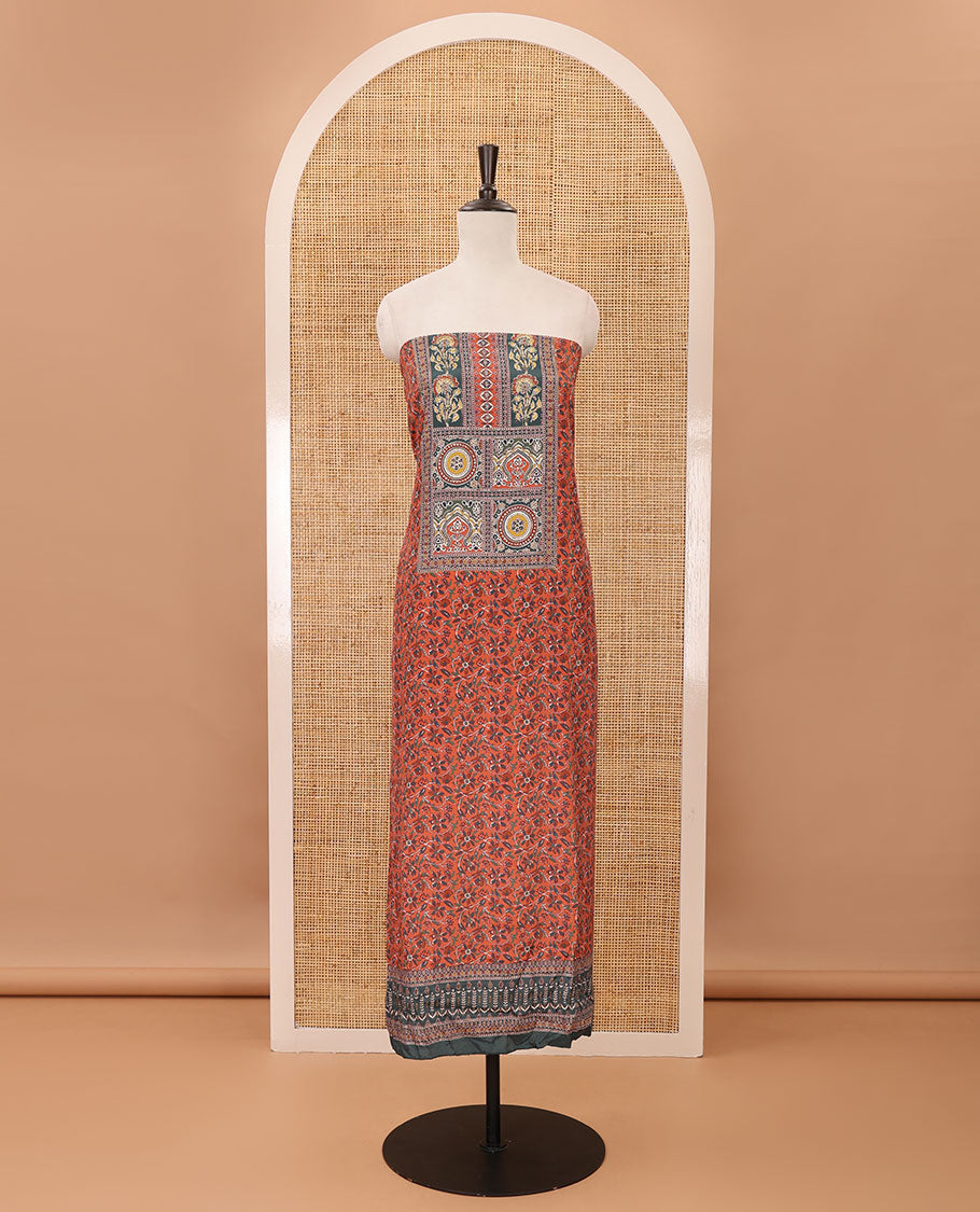 Rust material chudidar set,floral-geometric Arjrakh print & stonework Masakali crepe top,plain bottom & Arjrakh print & stonework chinon dupatta