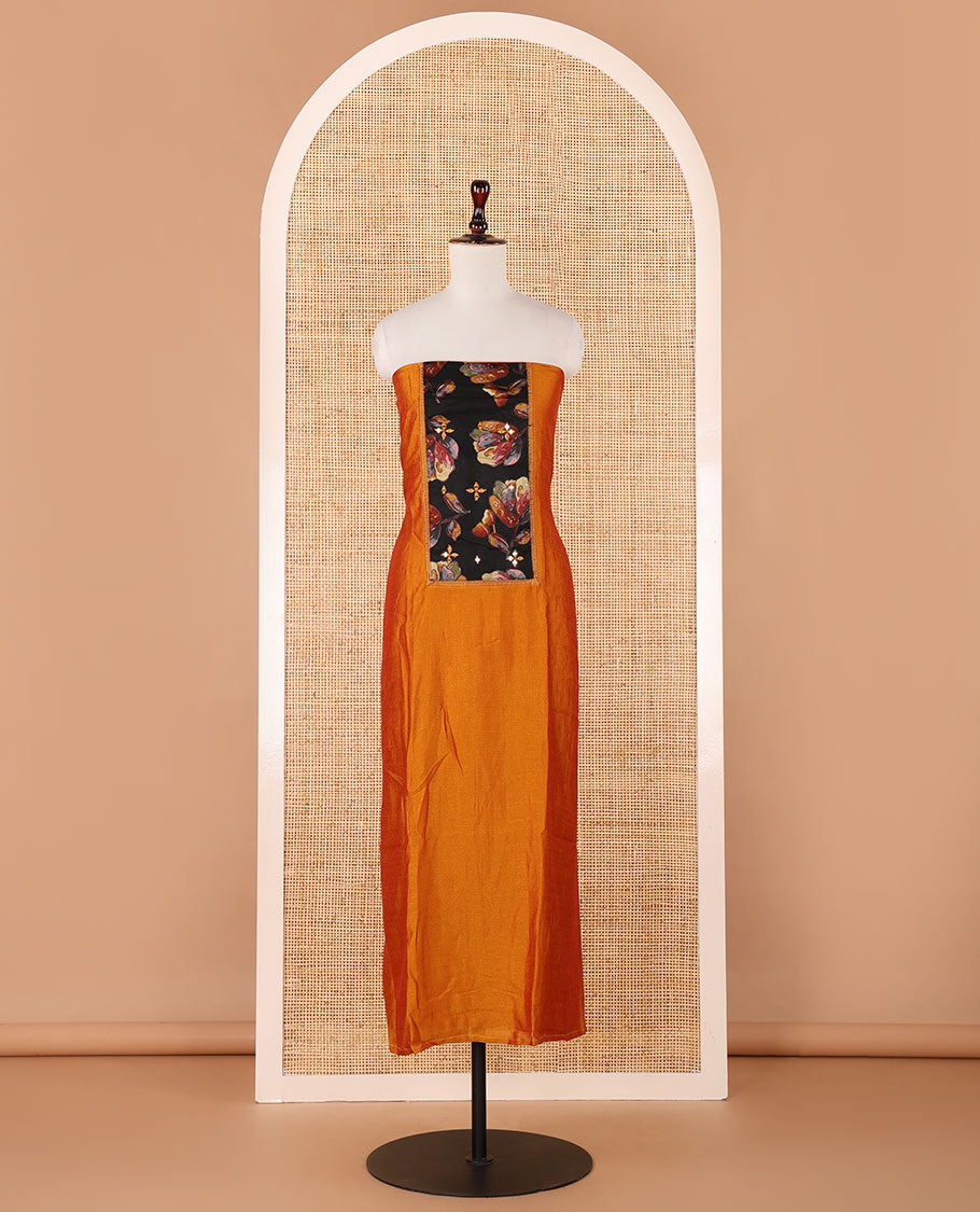 Yellow chudidhar material,brasso floral print & mirrorwork patch neck vichitra silk top,santoon bottom & brasso floral print dupatta