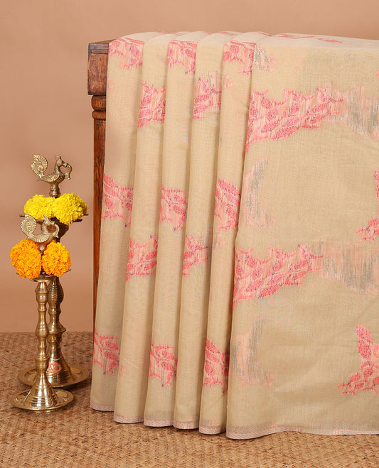 Borderless Cream with pink thread weaving design jute cotton saree with thread weaving pallu & plain blouse