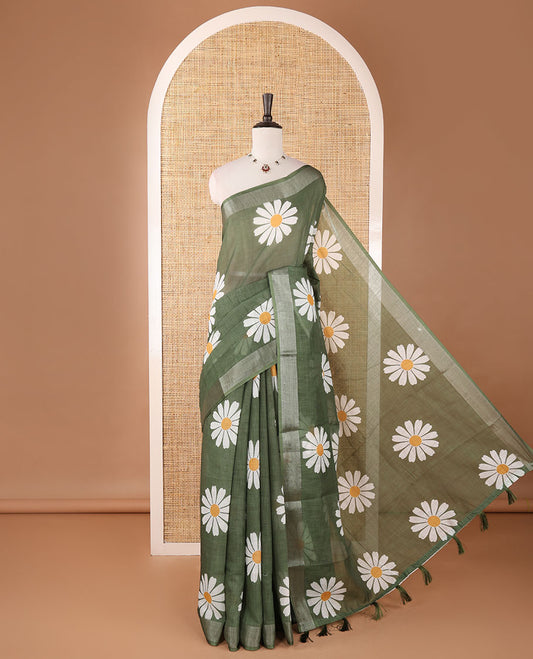 Olive green sunflower motif printed linen saree, silver zari plain border & small sunflower motif print blouse