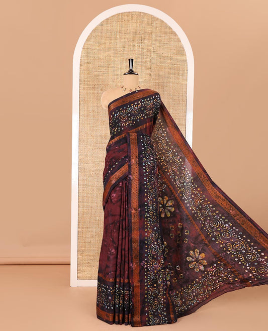 Wine shibori printed pure cotton saree, double side batik printed with traditional motifs border, floral printed pallu, and a shibori printed blouse