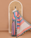 Multi-color stripes-block linen  saree, zari bavanji border, plain pallu & printed blouse