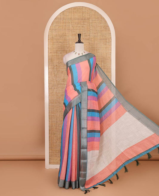 Multi-color stripes-block linen  saree, zari bavanji border, plain pallu & printed blouse