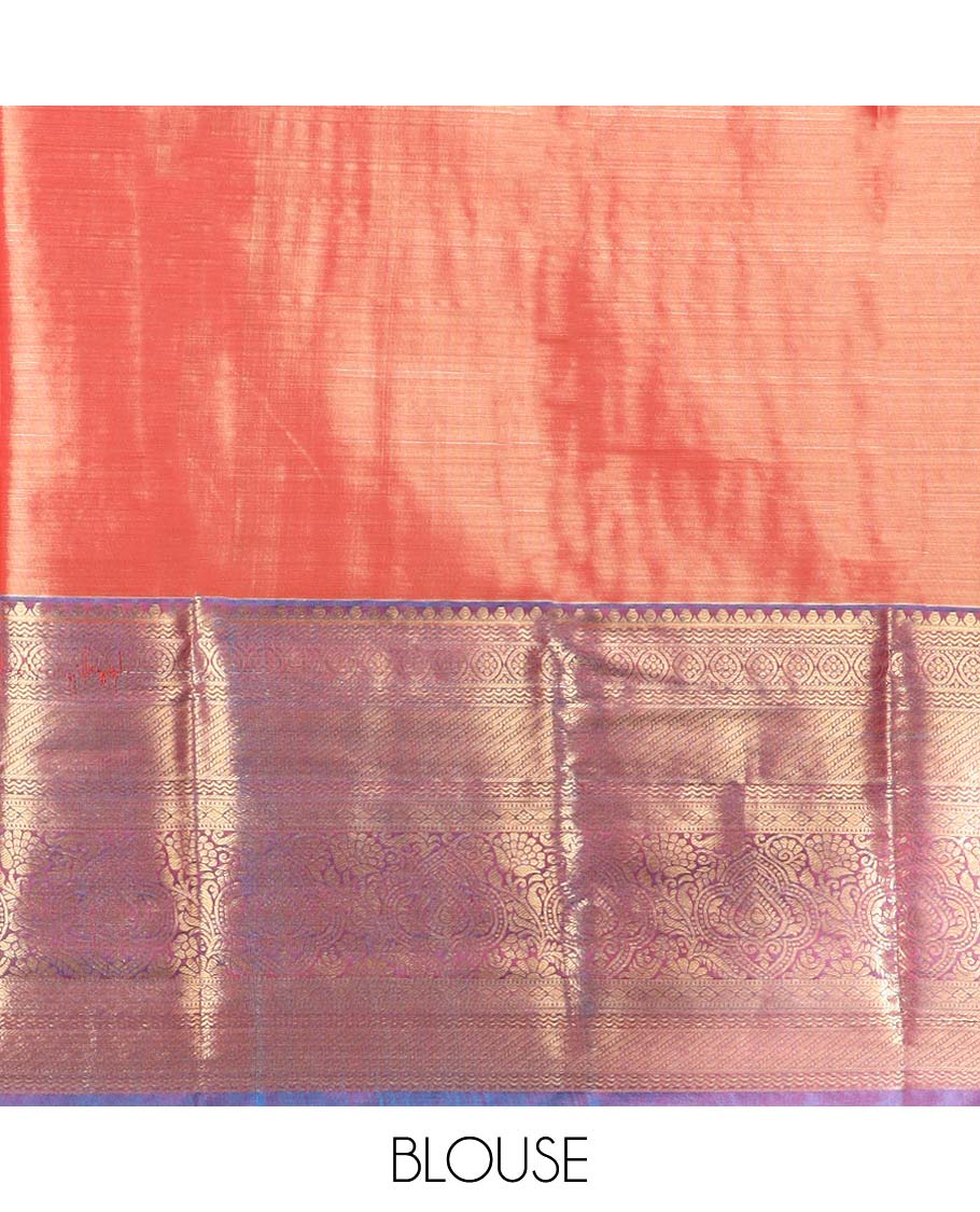 Orange floral buttas budget silk saree with contrast floral zari border & floral, paisley zari design pallu