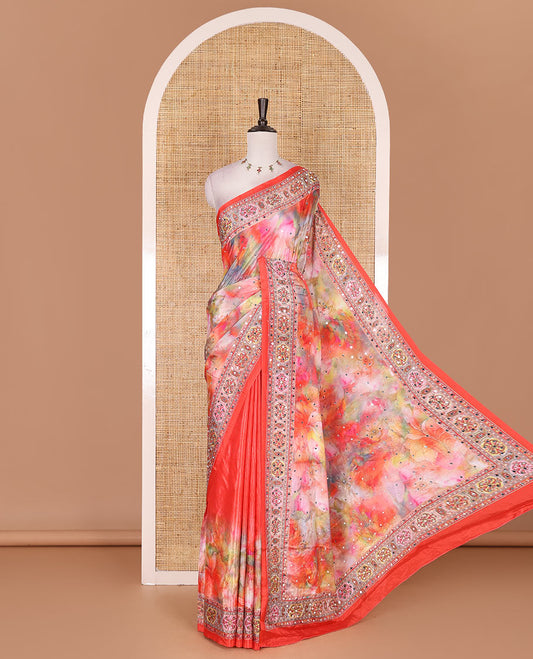 Red-base kaleidoscopic colored floral printed with mirrorwork masakali saree, printed with mirrorwork border and pallu, along with a matching printed blouse