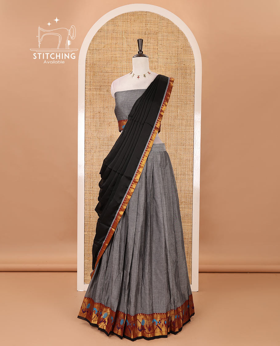 Grey mercerised cotton half-saree, plain & contrast paithani peacock border skirt, matching blouse & contrast plain zari border dhavani