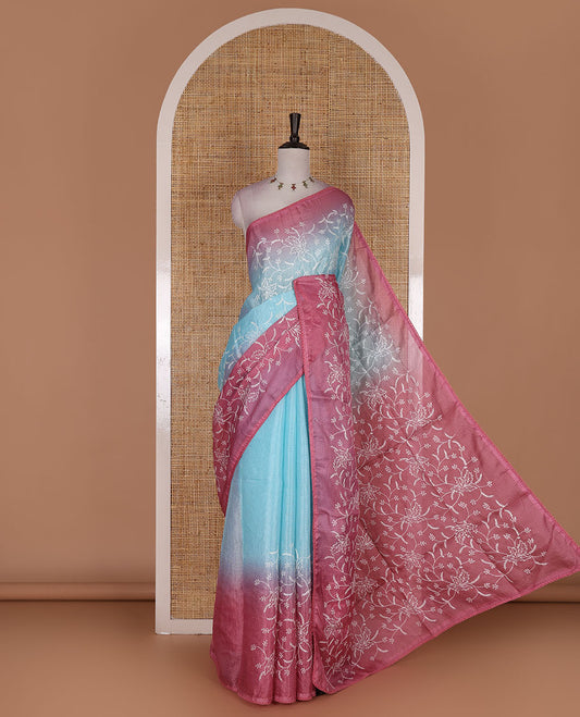 Sea green-pink floral vine chickankari embroidered kota chex saree, lace border, floral vine chickankari embroidered pallu, and contrast plain blouse