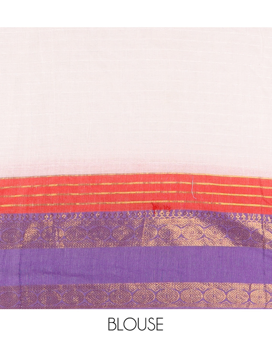Cream Khadi Mul Cotton Saree, Accentuated with Contrast Border Kanchi Traditional Rettai Pettu Border, and a Matching Blouse