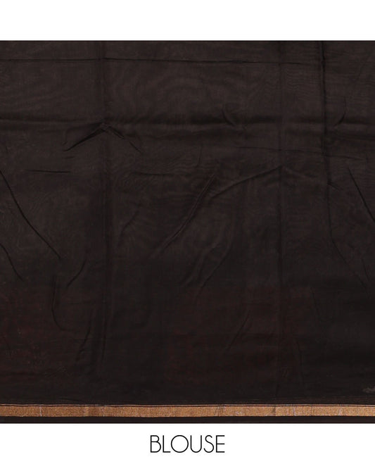 Green hand block batik printed chanderi cotton saree with black wax, checked border & black wax printed pallu along with plain blouse