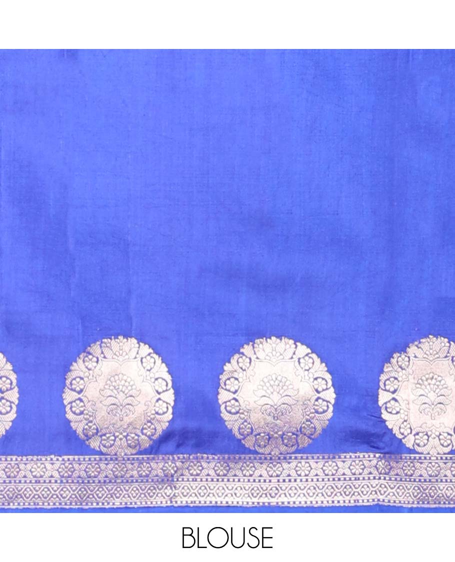 Blue floral buttas raw mango silk saree with self round buttas border & striped zari design pallu
