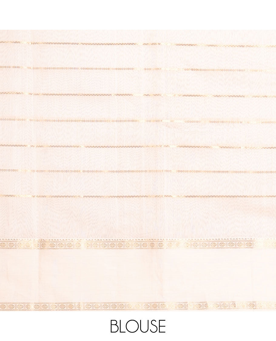 White striped maheshwari cotton saree with self zari design border & checked pallu
