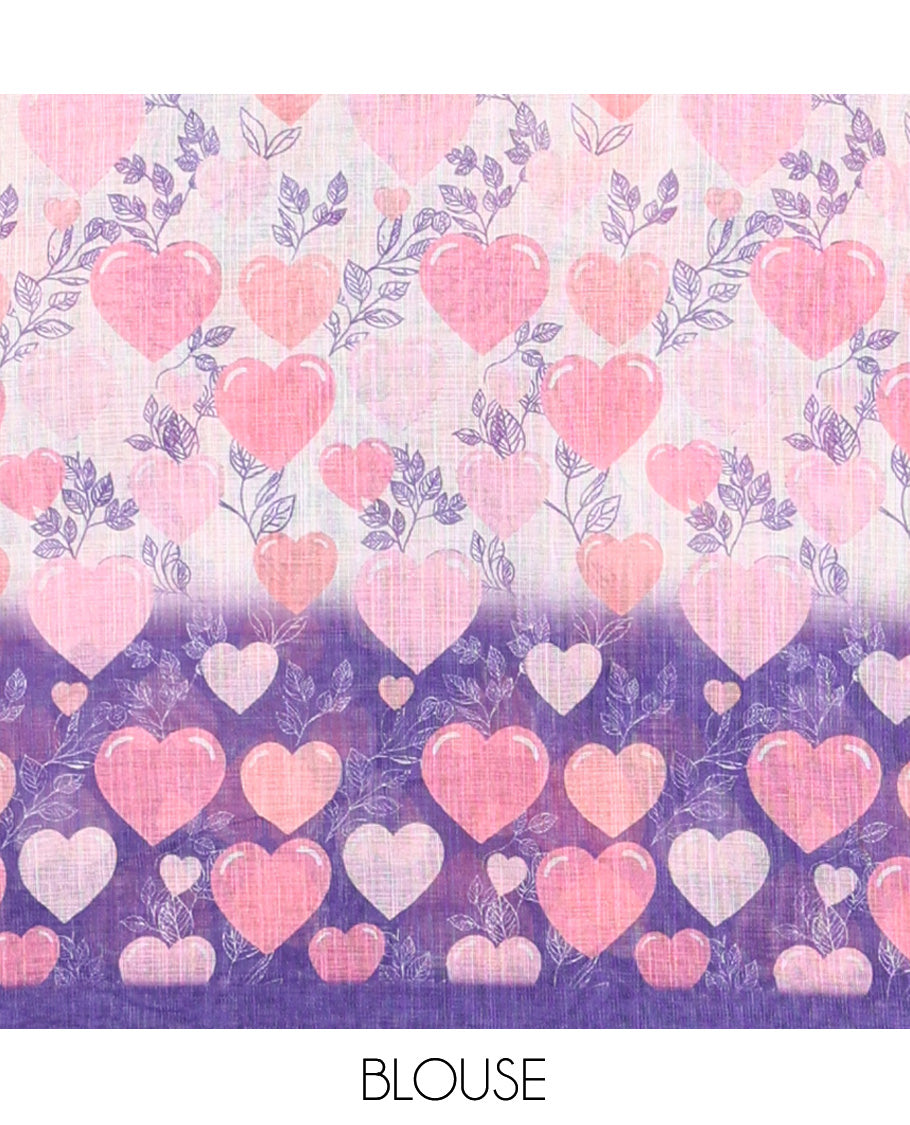 Borderless Violet Heart Motifs Printed Linen-Cotton Saree, a Self-Printed Pallu, and a Matching Blouse