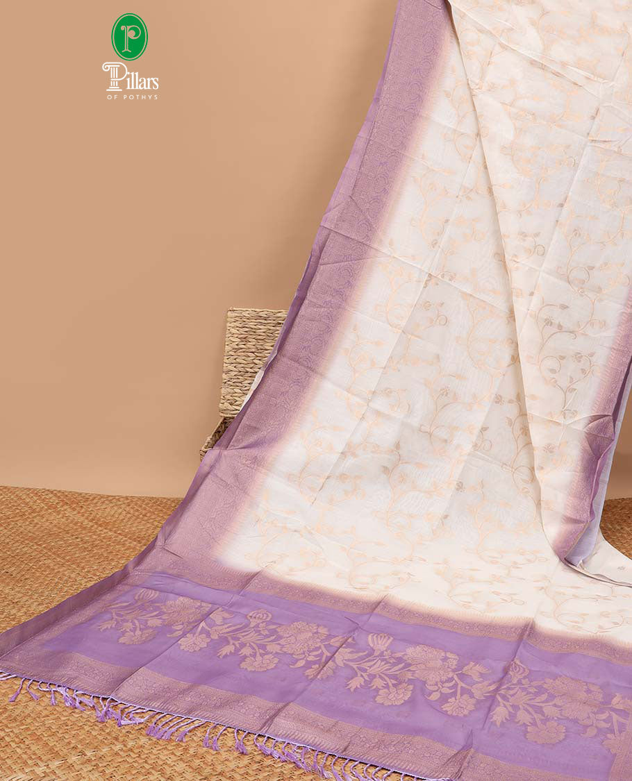 Borderless off white zari weaving khadhi cotton saree with contrast lavender weaving pallu