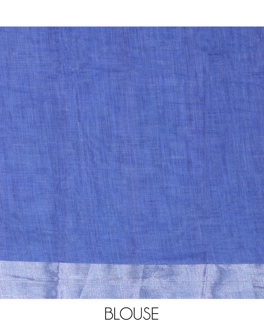 Royal Blue Cactus Printed Linen Cotton Saree, a Zari Border, and a Matching Blouse