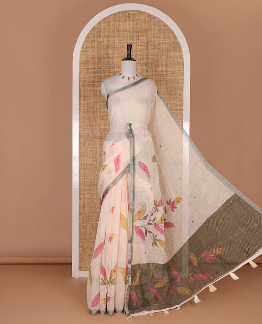 Chikku colorful floral vine printed with mirror embroidered linen saree, contrast zari piping border, and contrast printed blouse