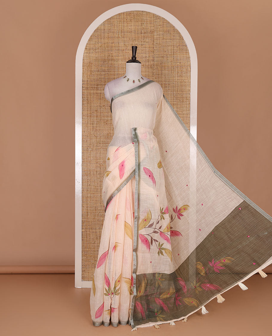 Chikku colorful floral vine printed with mirror embroidered linen saree, contrast zari piping border, and contrast printed blouse