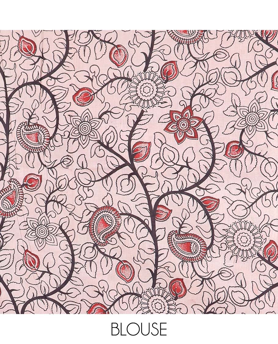 Red batik machine-printed kalamkari cotton saree, self-border & pallu of peacock motifs