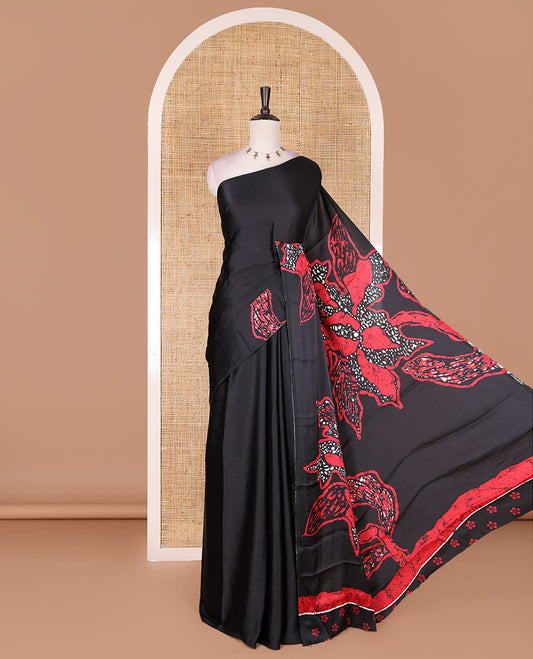 Borderless black-red batik style abstract digital printed satin crepe saree with blouse of small buttas