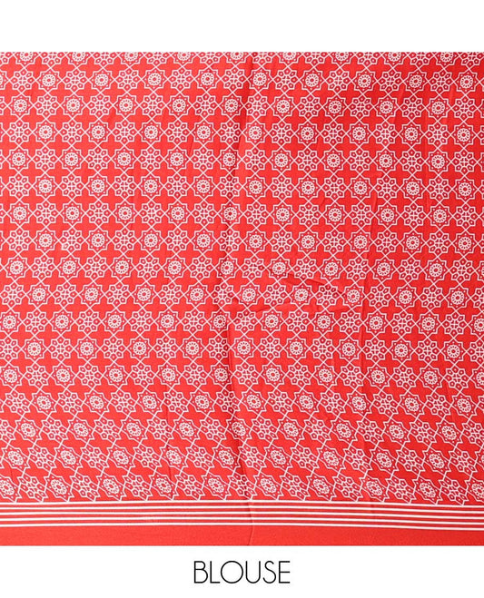 Red vertical lining design modal satin saree with remple printed border & big circle design pallu along with printed blouse