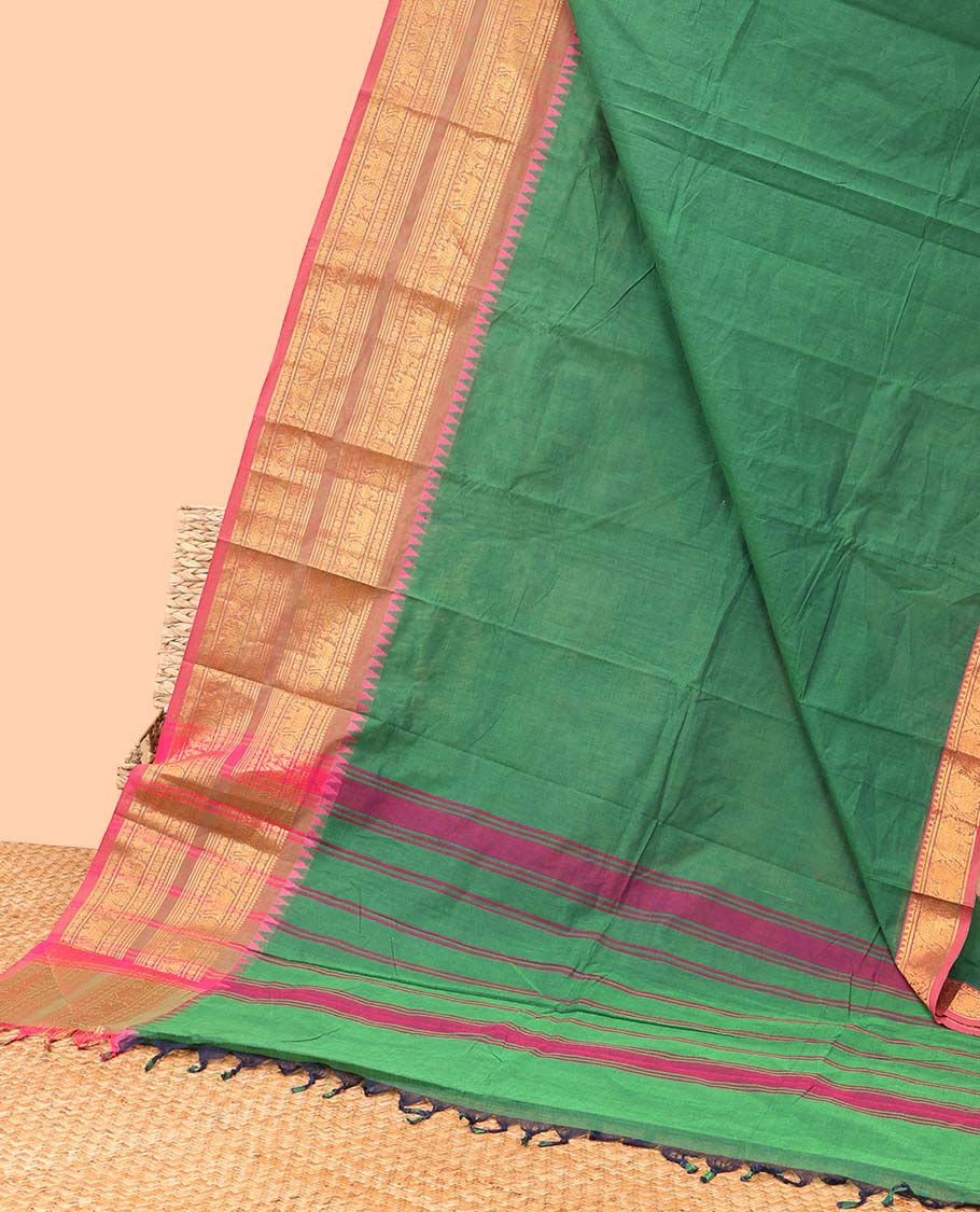 Green chettinad cotton saree with contrast traditional zari design border & striped pallu