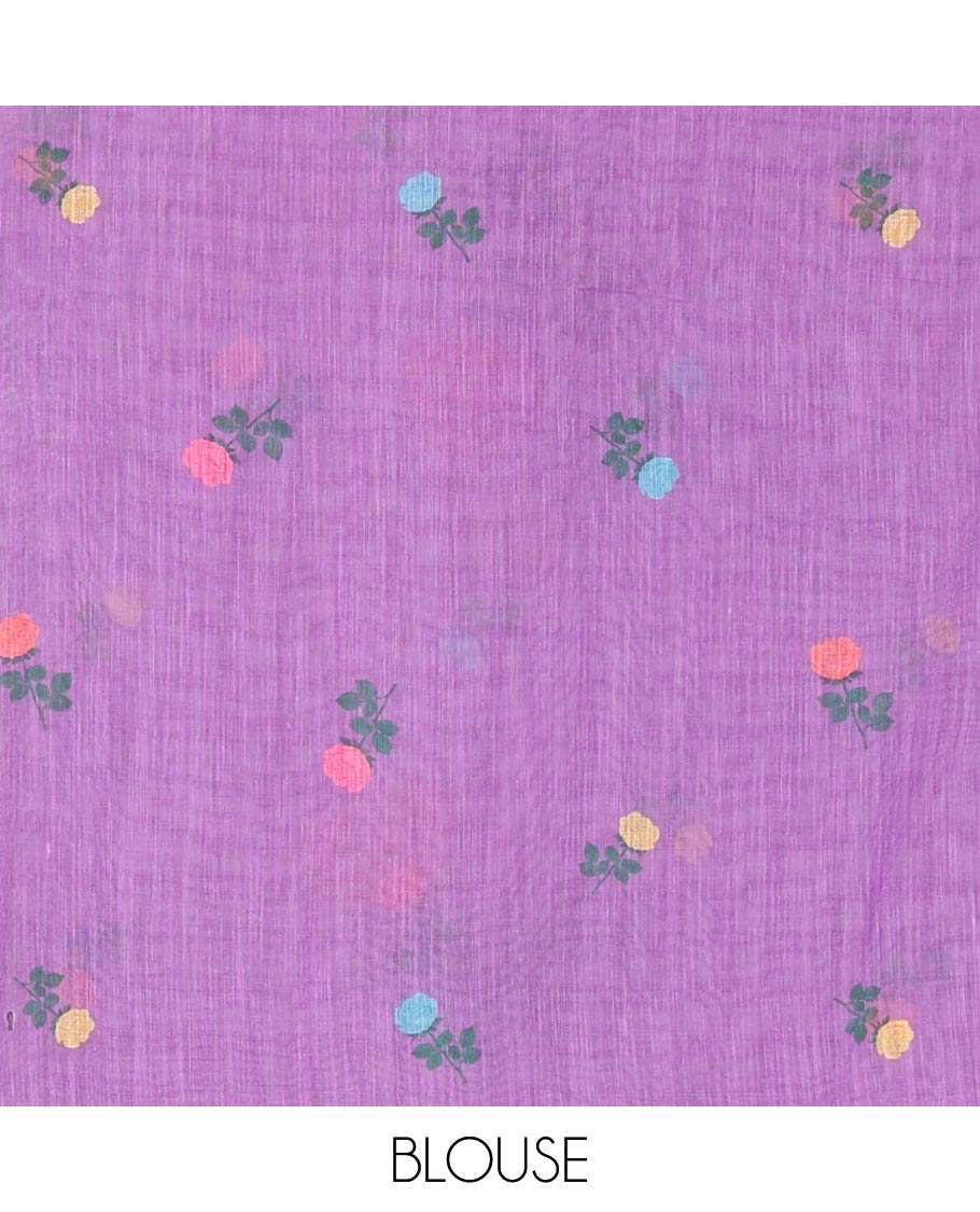 Borderless Lavender Linen Cotton Saree, Enlivened with Rose Floral Buttas and Checked Design on Its Body, Pallu Pictures a Beautiful Rose Floral Motifs, and Paired with a Matching Blouse