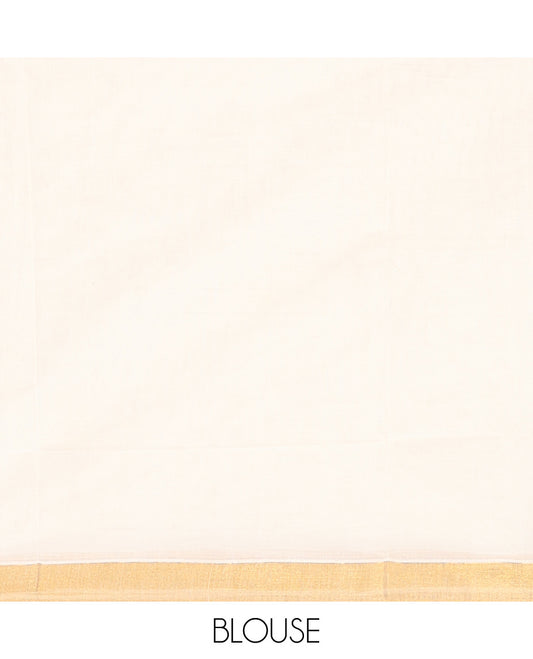 Cream Kerala Saree, Accentuated with Zari Stripes on its Body, Subtly Sparkled Bavanji Border, Gleaming Zari Woven Pallu of Floral, and Peacock Designs, and Paired with a Matching Blouse