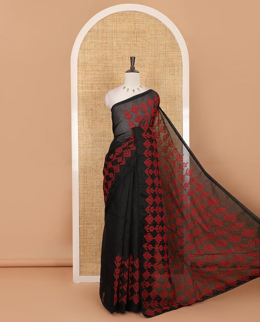 Black all-over red-thread intricate motifs embroidered Kota chex saree, lace border, and plain black blouse