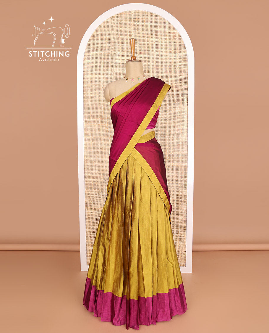 Mustard checked poly-cotton half saree with contrast border, plain blouse & plain, checked border dhavani