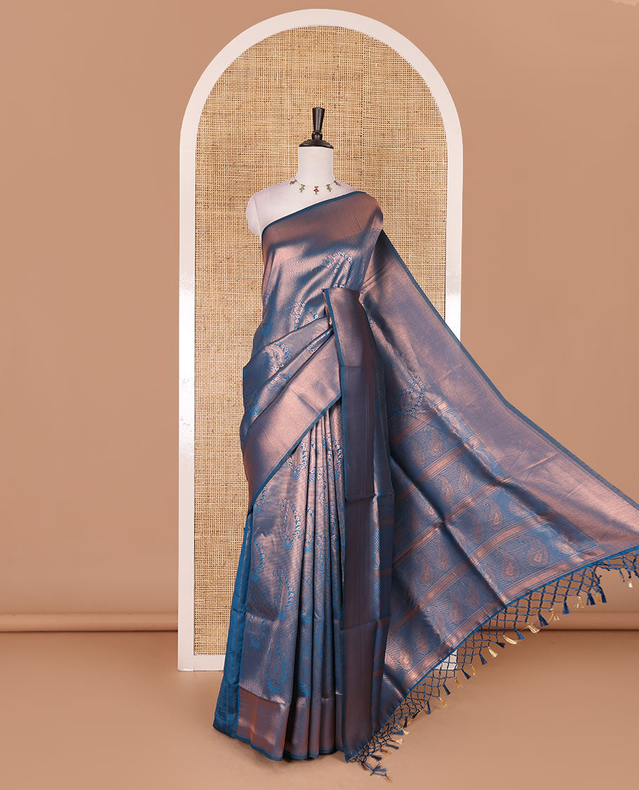 Blue paisley zari jacquard Kanchi tissue saree, zari border, pallu steeped with paisleys, and jacquard matching blouse