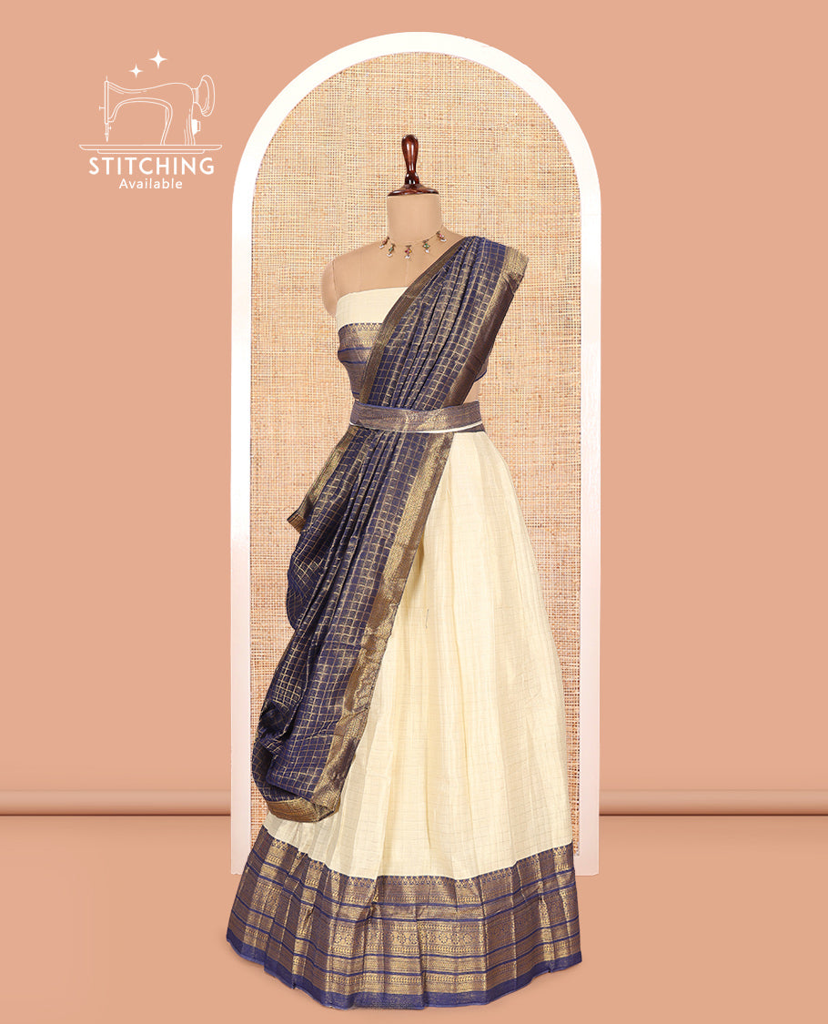 Cream-Navy Blue Semi-Silk Half-Saree
