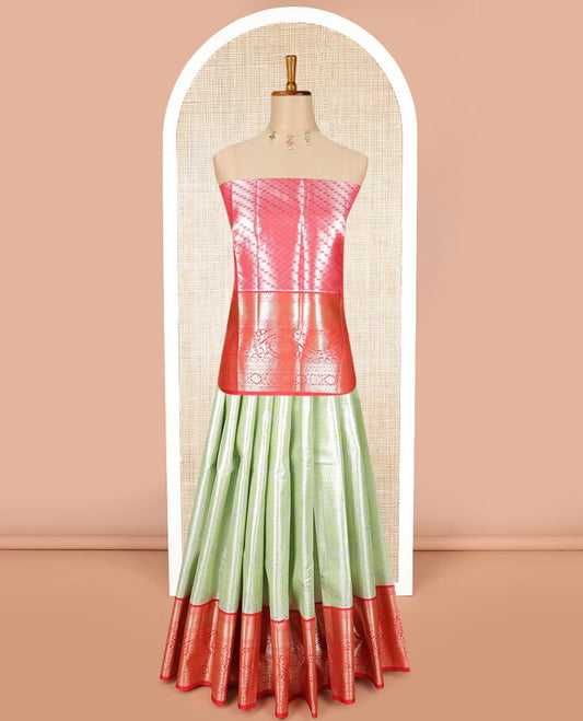 Green jaal design art silk half saree with zari design border, zari design blouse plain, floral design dhavani