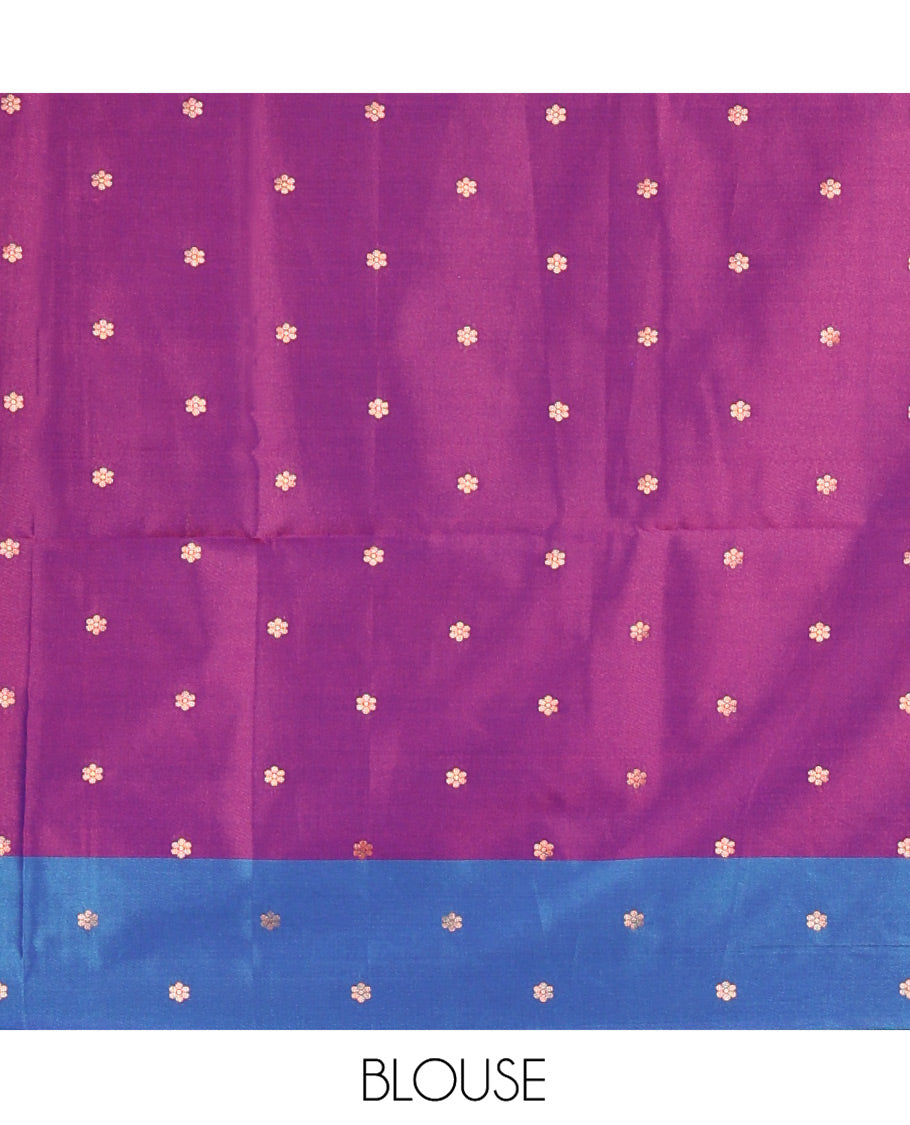 Purple Soft Silk Saree, Accentuated With Zari Buttas All Over Its Body, Complemented by Captivating Contrast Border of Elephant Motifs, Grandly Decked Up Pallu, and Paired with a Contrast Blouse