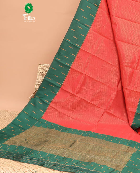 Red copper zari brocadedesign litchi soft silk saree with contrast korvai stain , weaving buttas border & contrast weaving rich pallu along with copper zari, small buttas blouse