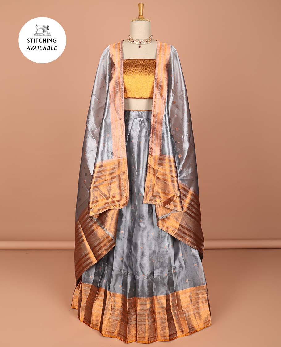 Grey buttas half saree with contrast sriped border, zari design border & intricate zari dhavani