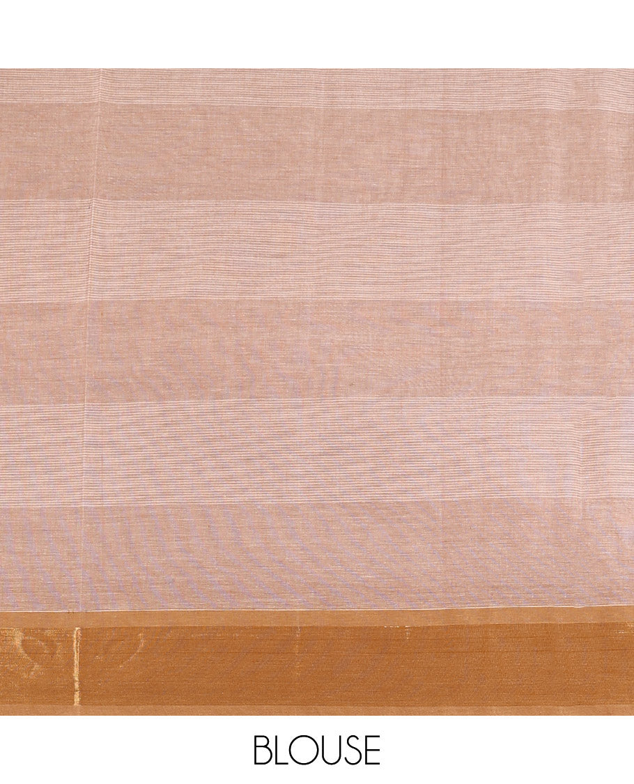 Brown striped Coimbatore cotton saree with buttas, zari border & floral design pallu