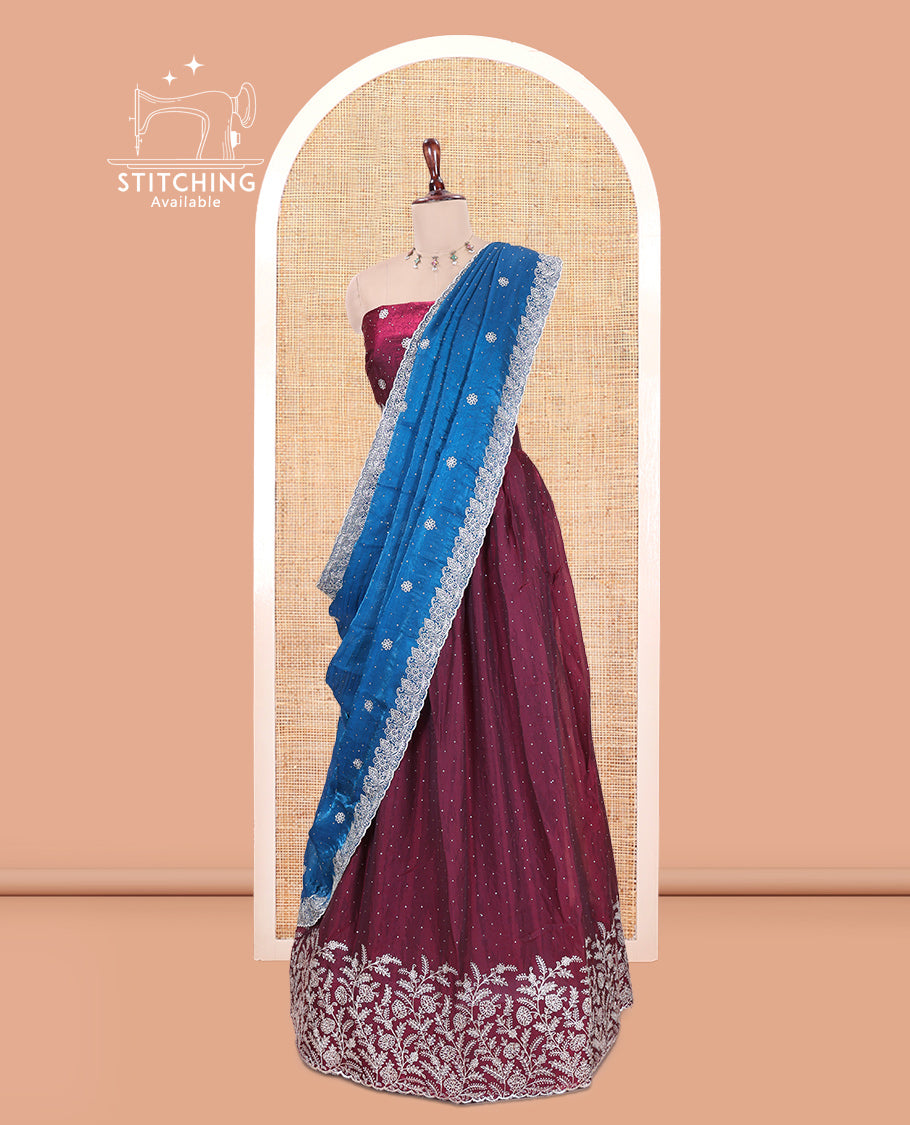 Wine Velvet Organza Half-Saree