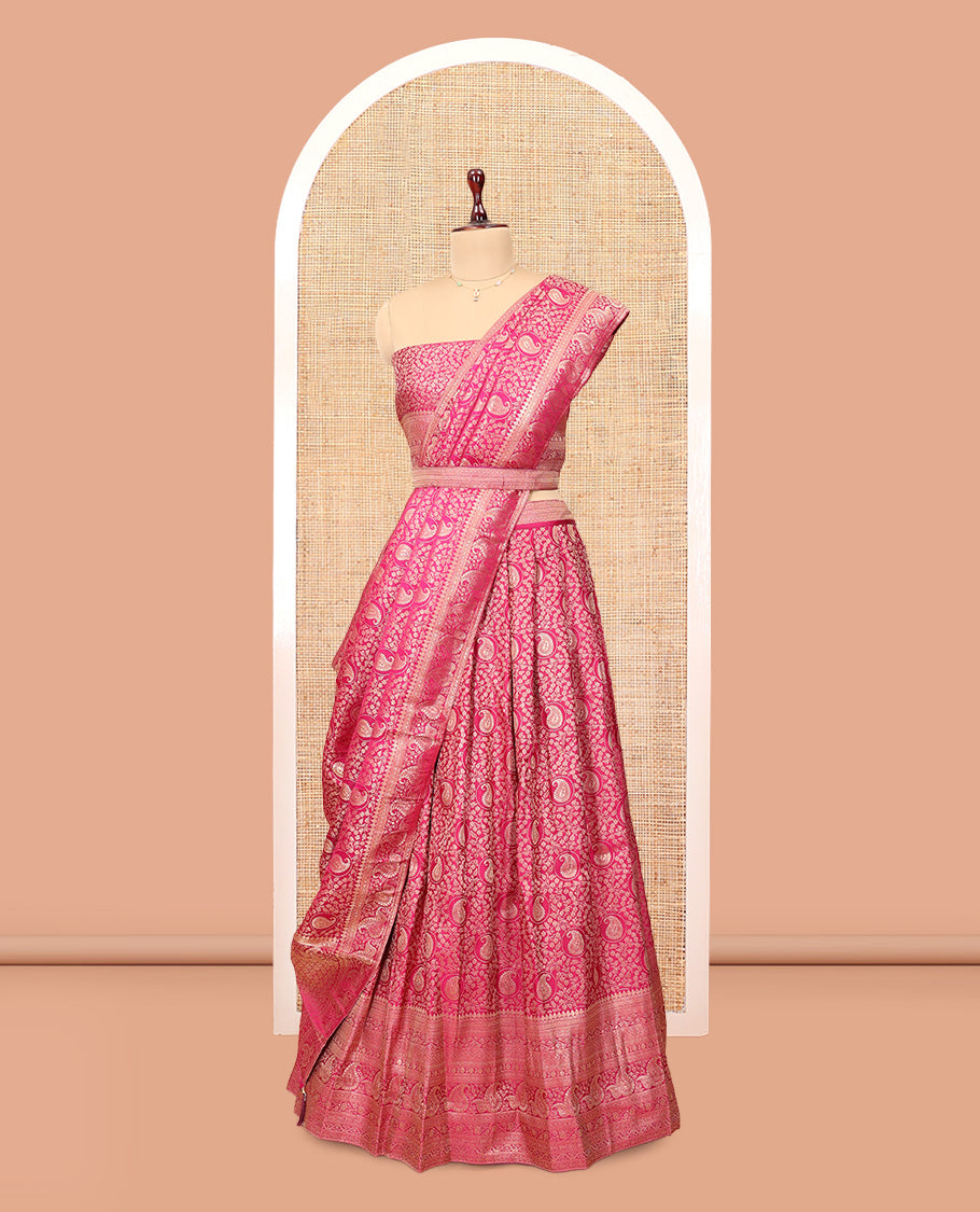 Pink Banarasi Half-Saree, Artfully Detailed with Jacquard Design Skirt, a Traditional Border, Matching Blouse, and Intricately Designed Dupatta