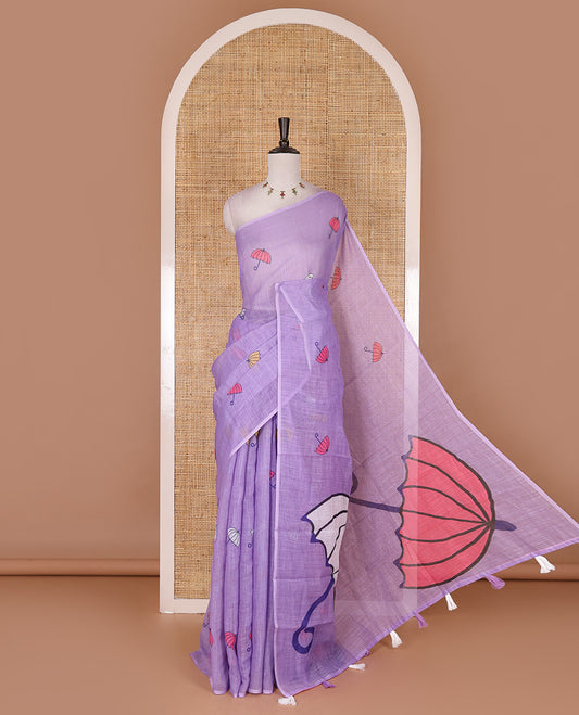 Borderless lavender umbrella motifs printed linen cotton saree, self-pallu of big umbrella motifs and contrast blouse
